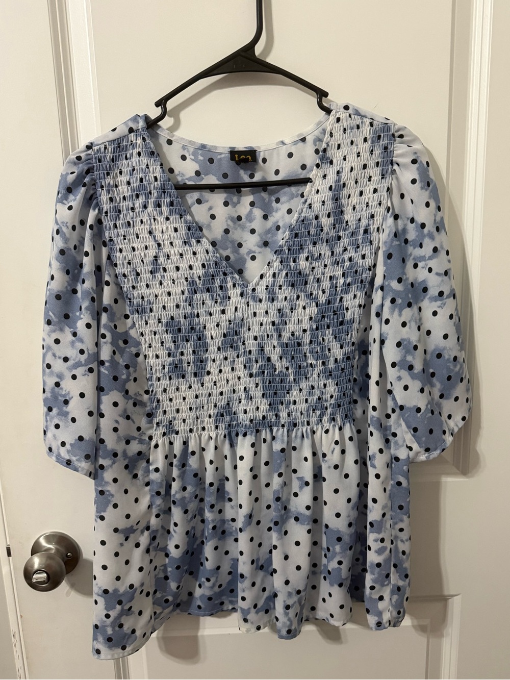 Lee‎ Smocked V-Neck Polka Dot Blouse - Blue/White